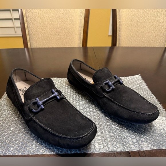 Salvatore Ferragamo Gancini Black Suede Drivers Loafers Shoes Size 12 E